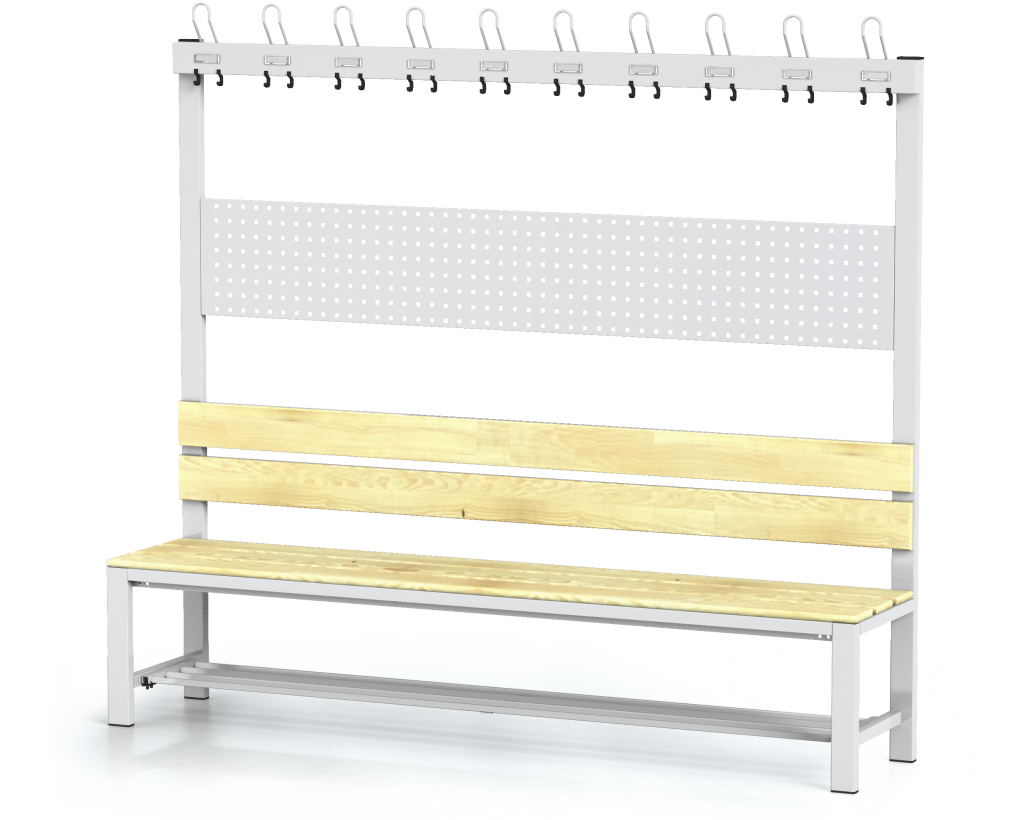 Bank mit Lehne und Kleiderhaken, Fichtenlatten - mit kippbarem Rost 1800 x 2000 x 430